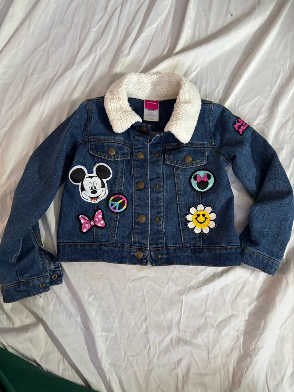 Disney Kids Dark Blue Denim Jacket with White Sherpa Collar and Colorful Patches